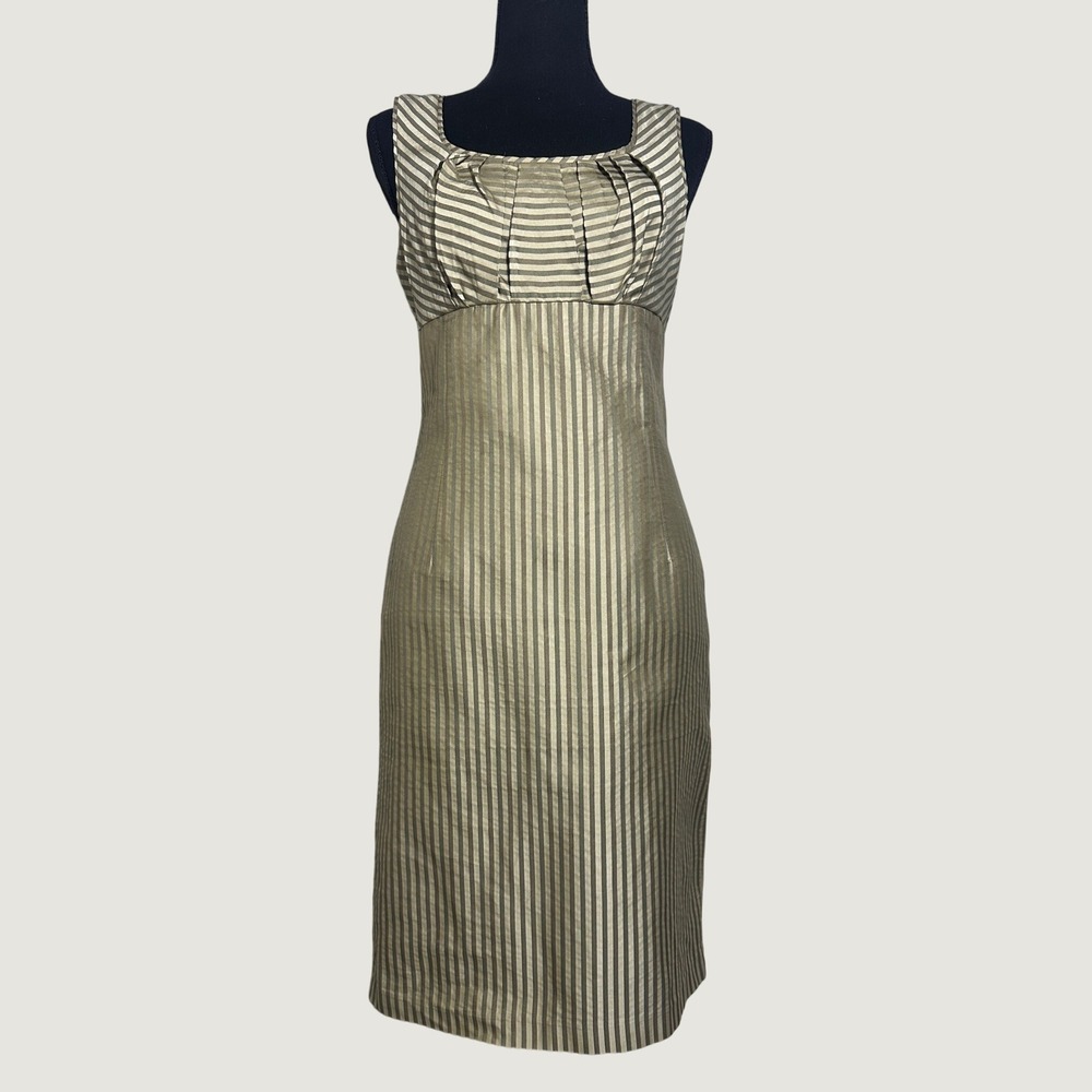 Peruvian Connection Sheath Dress Size 6 Gold Striped 90s Babydoll Pleated Empire